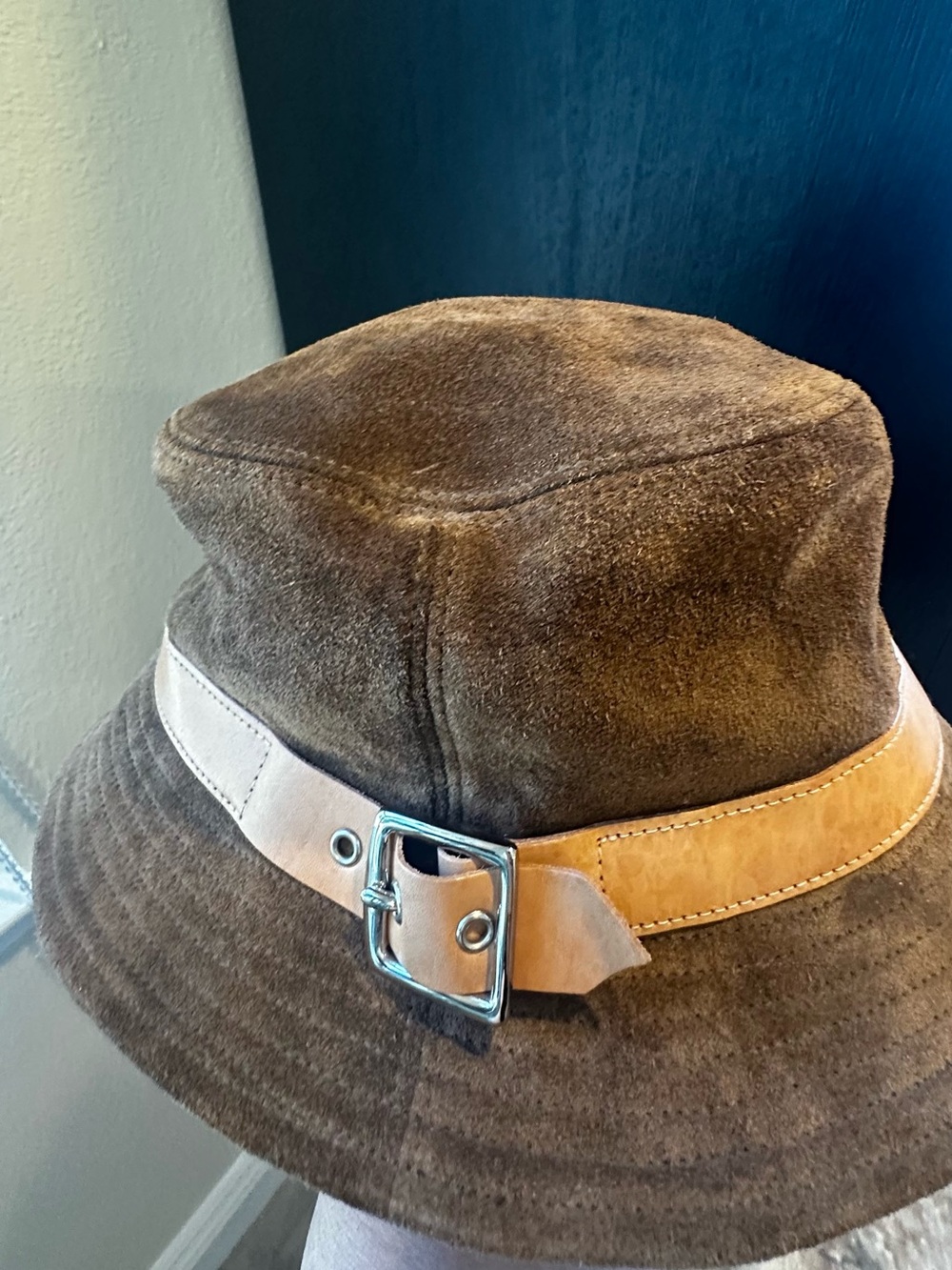 Coach Brown Suede Bucket Hat with Tan Leather Band and Silver Buckle